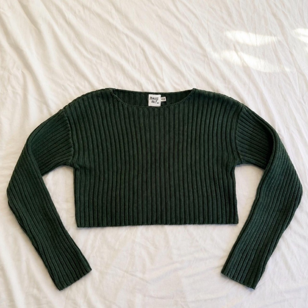 Princess Polly Dark Forest Green Ribbed Knit Cropped Sweater XS-S Boat Neck